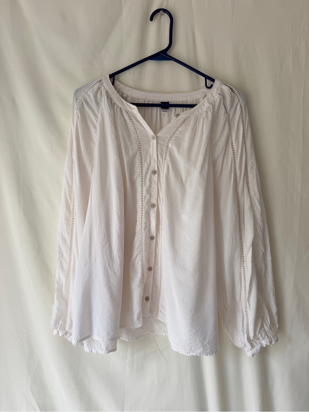 Old Navy Cotton White Button-Front Peasant Blouse with Lace Trim